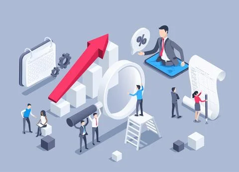 Isometric vector illustration on a gray background, people with a magnifying  Stock Illustration