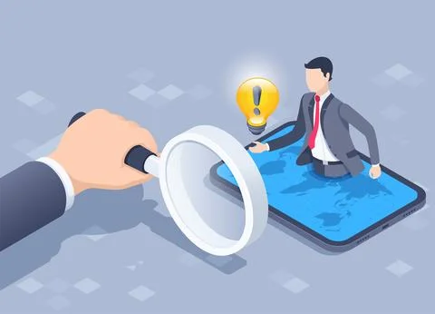 Isometric vector illustration on a gray background, a hand with a magnifying  스톡 일러스트