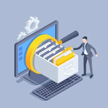 Isometric vector illustration on a gray background, a man in a business suit  Illustrazione stock