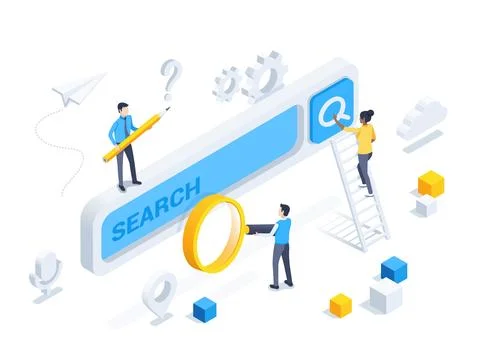 Isometric vector illustration on a gray background, people near a large searc Illustrazione stock