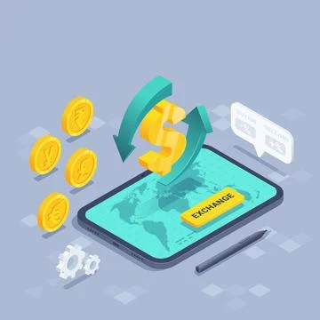 Isometric vector illustration on a gray background, purchase and sale of curr Stock Illustration