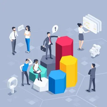 Isometric vector illustration on a gray background, statistics work, people i Illustrazione stock