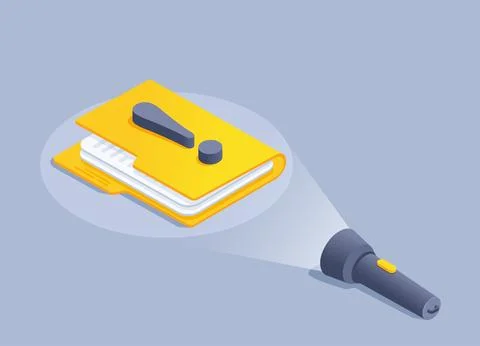 Isometric vector illustration on a gray background, a flashlight shines on a  库存插图