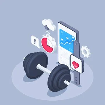 Isometric vector illustration on gray background, dumbbell next to smartphone Stock Illustration