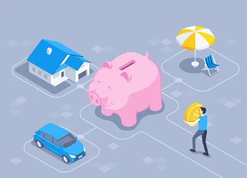 Isometric vector illustration on a gray background, a man carries a gold coin Stock Illustration