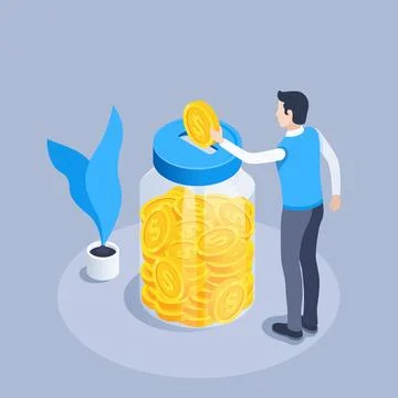 Isometric vector illustration on a gray background, a man throws a gold coin  Stock Illustration