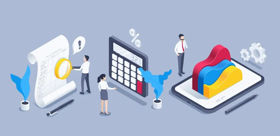 Isometric vector illustration on a gray background, business people next to a Stock Illustration