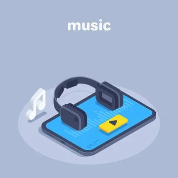 Isometric vector illustration on a gray background, wireless headphones on th Illustrazione stock