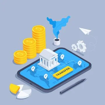 Isometric vector illustration on a gray background, a bank on the tablet scre Stock Illustration