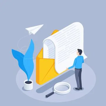 Isometric vector illustration on a gray background, a man reads a letter from Stock Illustration