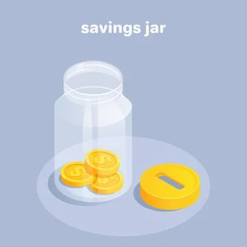 Isometric vector illustration on a gray background, a glass transparent jar w Stock Illustration