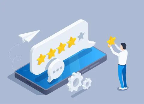 Isometric vector illustration on a gray background, a man puts 5 stars in the Stock Illustration