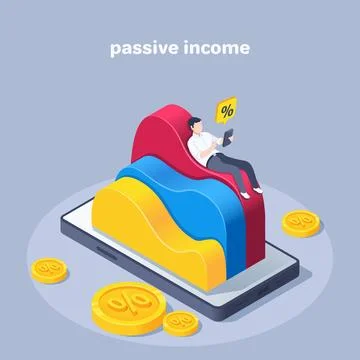 Isometric vector illustration on a gray background, passive income, a man lie Stock Illustration