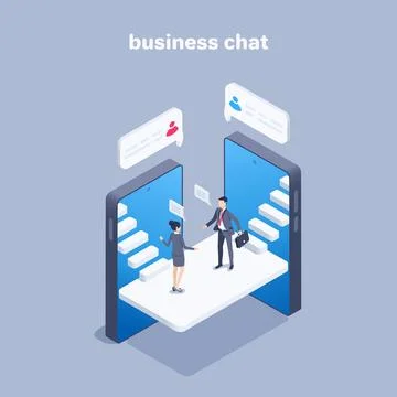 Isometric vector illustration on a gray background, business chat, man and wo Stock Illustration