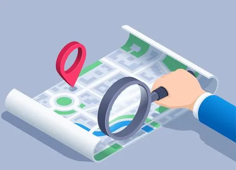 Isometric vector illustration on gray background, male hand with magnifying g Ilustração Stock