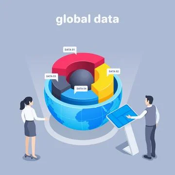 Isometric vector illustration on a gray background, a circle chart in half of Illustrazione stock