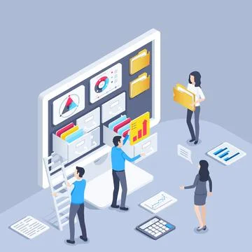 Isometric vector illustration on a gray background, people work with data on  Stock Illustration