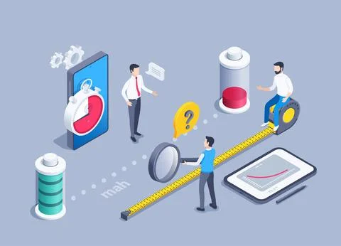 Isometric vector illustration on a gray background, people near batteries and Illustrazione stock