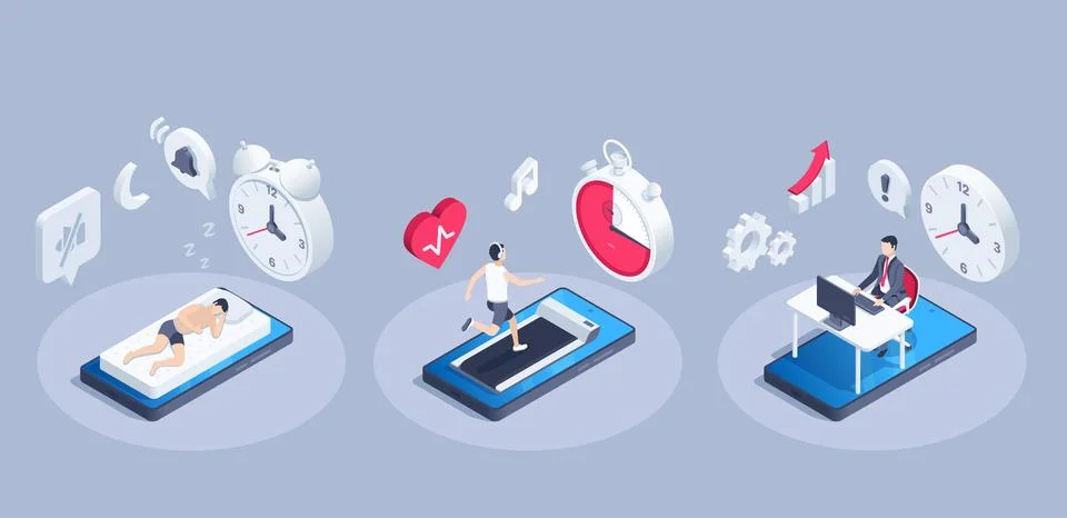 Isometric vector illustration on a gray background, a man sleeps on an alarm  스톡 일러스트