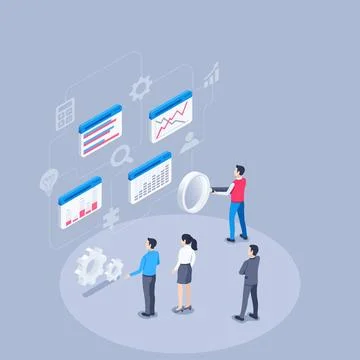 Isometric vector illustration on a gray background, people in business clothe Illustrazione stock