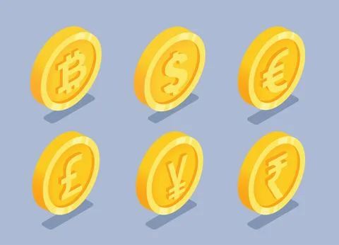 Isometric vector illustration on a gray background, a set of gold coins with  Stock Illustration