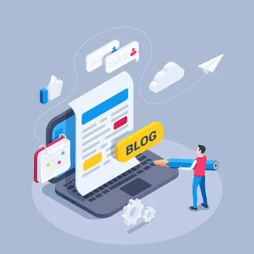 Isometric vector illustration on a gray background, a man with a pencil stand Stock Illustration