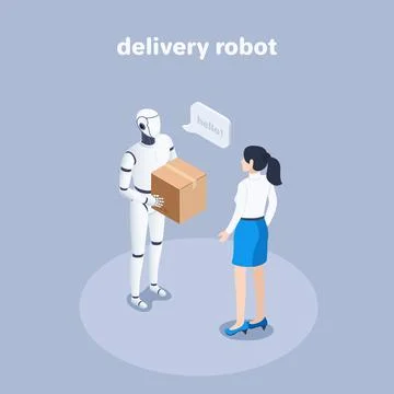 Isometric vector illustration on a gray background, a robot with a box stands Stock Illustration