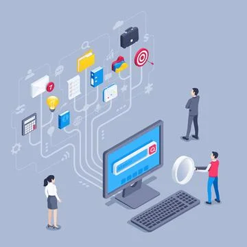 Isometric vector illustration on a gray background, people in business clothe Stock Illustration