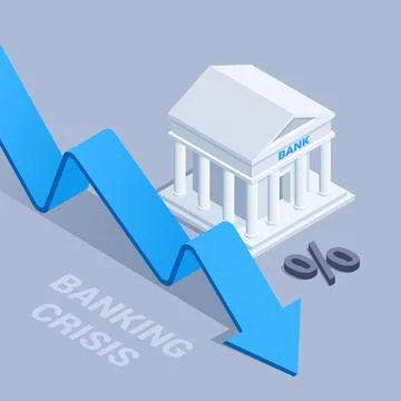 Isometric vector illustration on gray background, banking crisis, falling blu Stock Illustration