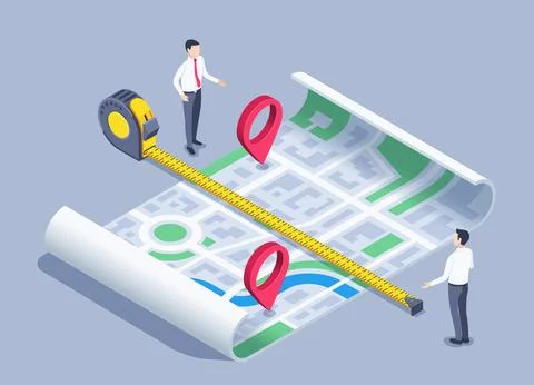 Isometric vector illustration on a gray background, map distance, men near a  Stock Illustration