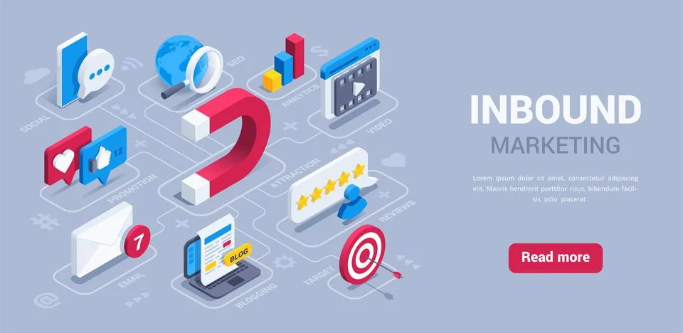 Isometric vector illustration on a gray background, landing page of inbound m Stock Illustration