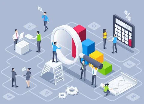 Isometric vector illustration on a gray background, people in business clothe Illustrazione stock