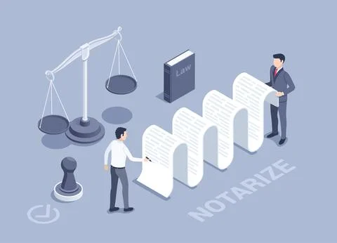Isometric vector illustration on a gray background, a man signs a document ne Stock Illustration