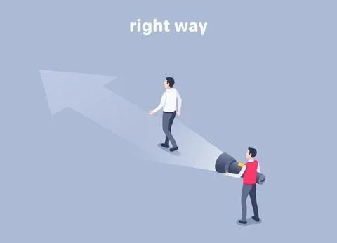 Isometric vector illustration on a gray background, a man illuminates the pat Stock Illustration