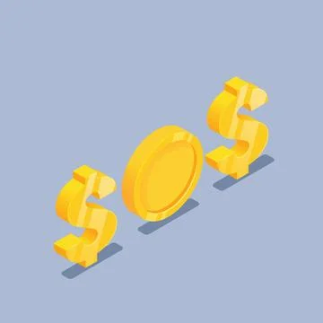 Isometric vector illustration on gray background, word sos from dollar and go Stock Illustration