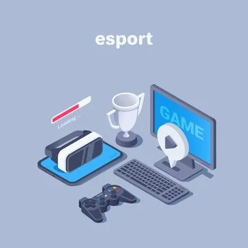 Isometric vector illustration on a gray background, a computer with the word  스톡 일러스트