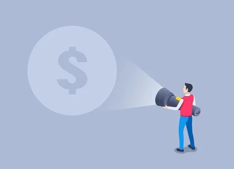 Isometric vector illustration on a gray background, a man with a big flashlig Stock Illustration