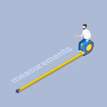 Isometric vector illustration on a gray background, a man sits on a measuring Stock Illustration