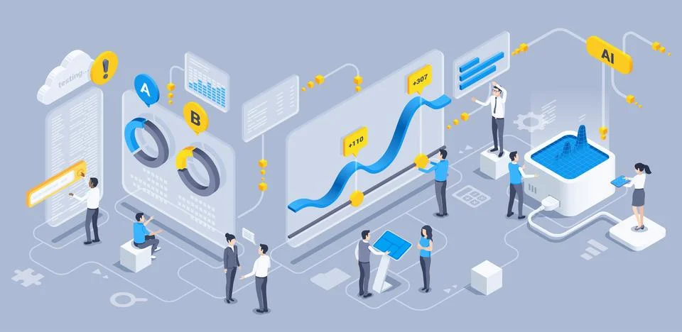 Isometric vector illustration on a gray background, people in business clothe Stock Illustration