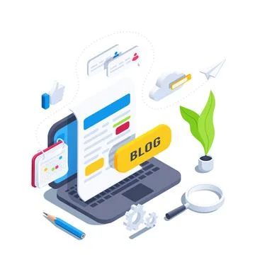 Isometric vector illustration on a gray background, laptop with typed text an Stock Illustration