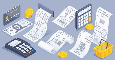 Isometric vector illustration on gray background, set of curved payment check Stock Illustration