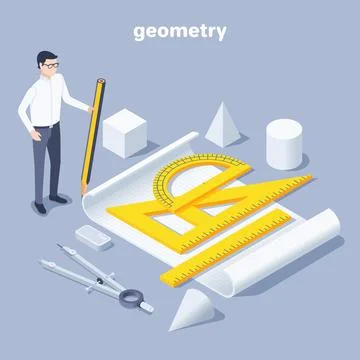 Isometric vector illustration on gray background, man with pencil at the shee 스톡 일러스트