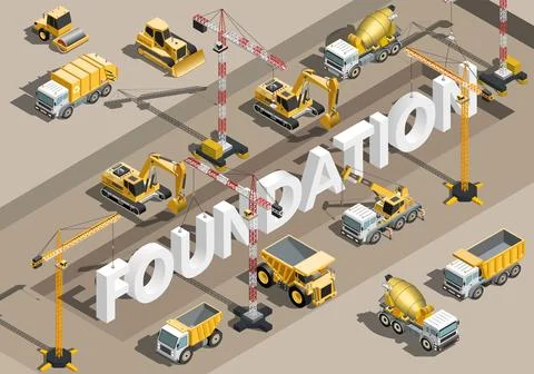 Isometric vector illustration of heavy machinery building a construction si.. 스톡 일러스트