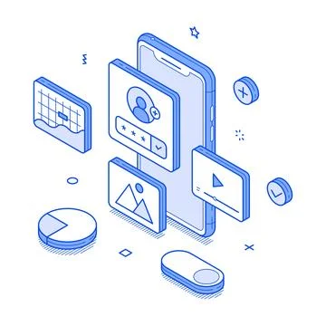 Isometric vector illustration highlights the latest trends in UX/UI design, f Stock Illustration