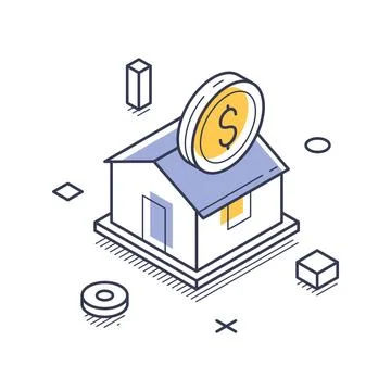 Isometric vector illustration of a house with a dollar coin. Symbolizes real  Stock Illustration