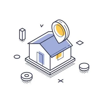 Isometric vector illustration of a house with a location pin. Represents home Stock Illustration