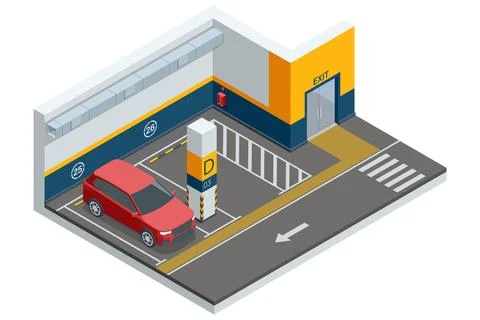 Isometric vector illustration of an indoor parking space with marked slots, a Stock Illustration