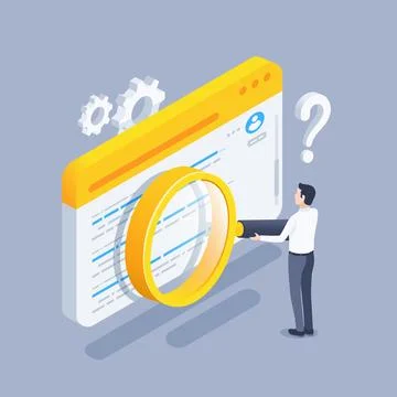 Isometric vector illustration isolated on gray background, man with big magni Illustrazione stock