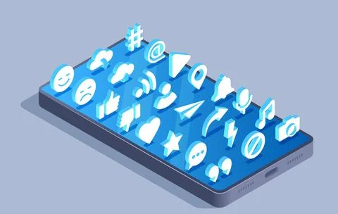 Isometric vector illustration isolated on gray background, social media icons Stock Illustration
