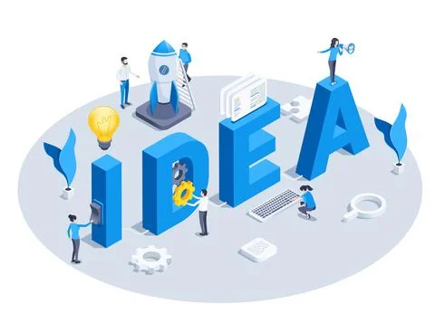 Isometric vector illustration isolated on white background, word idea and peo Stock Illustration